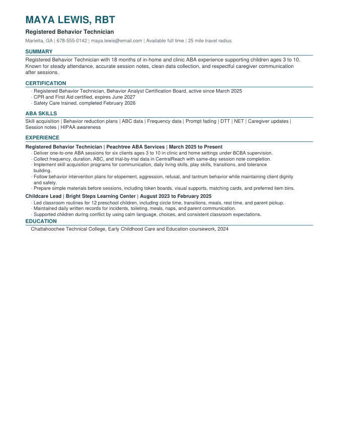 Certified RBT resume sample preview