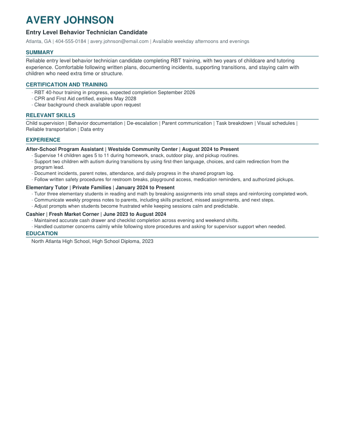 Entry level RBT resume sample preview